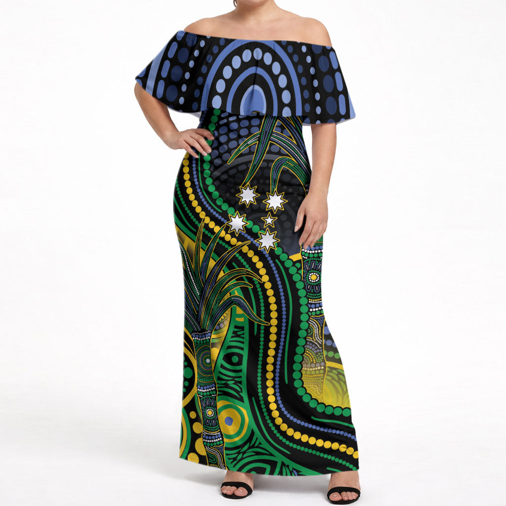 Australian South Sea Islander National Recognition Day Off Shoulder Maxi Dress Southern Cross Aboriginal Dot Art Sugarcane
