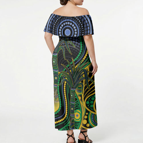 Australian South Sea Islanders National Recognition Day Off Shoulder Maxi Dress Southern Cross Aboriginal Dot Art Sugarcane