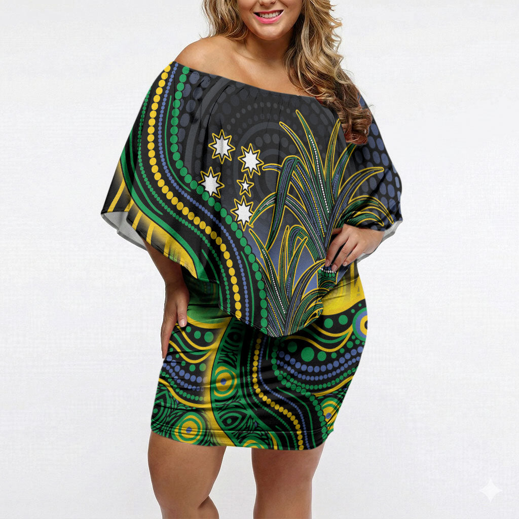 Australian South Sea Islander National Recognition Day Off Shoulder Short Dress Southern Cross Aboriginal Dot Art Sugarcane