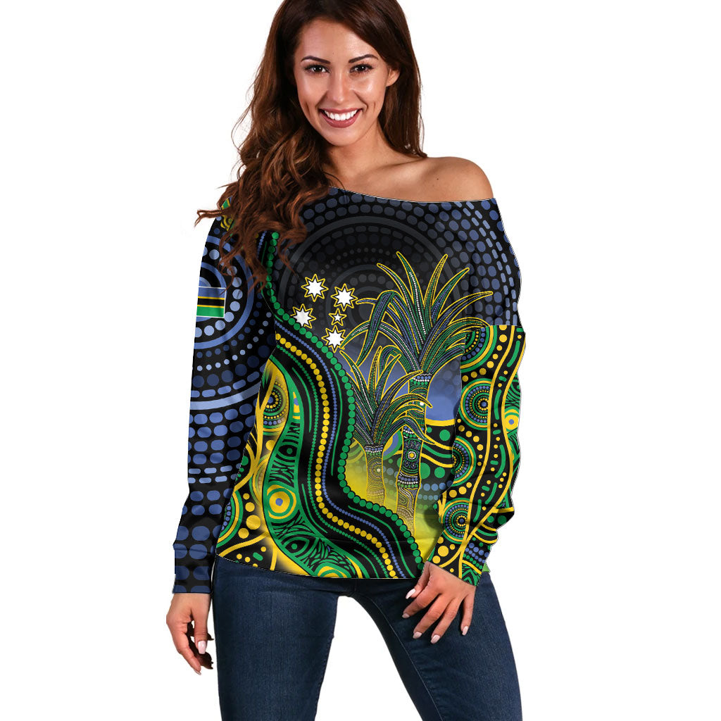 Australian South Sea Islander National Recognition Day Off Shoulder Sweater Southern Cross Aboriginal Dot Art Sugarcane