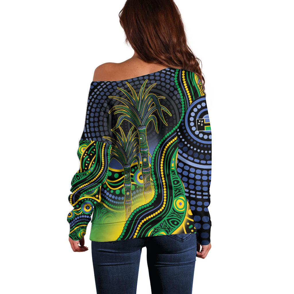 Australian South Sea Islander National Recognition Day Off Shoulder Sweater Southern Cross Aboriginal Dot Art Sugarcane