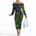 Australian South Sea Islanders National Recognition Day Off The Shoulder Long Sleeve Dress Southern Cross Aboriginal Dot Art Sugarcane