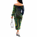 Australian South Sea Islanders National Recognition Day Off The Shoulder Long Sleeve Dress Southern Cross Aboriginal Dot Art Sugarcane