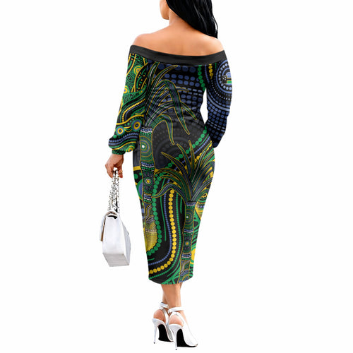 Australian South Sea Islanders National Recognition Day Off The Shoulder Long Sleeve Dress Southern Cross Aboriginal Dot Art Sugarcane