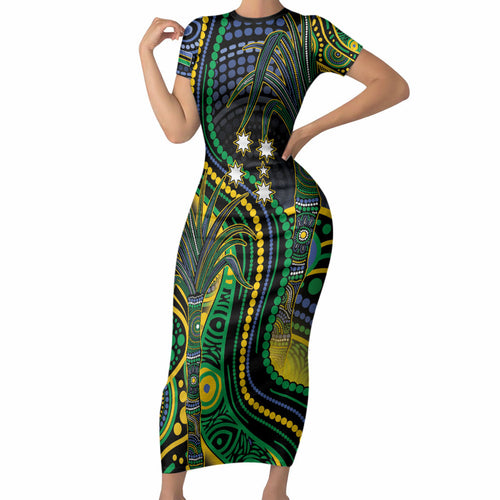 Australian South Sea Islanders National Recognition Day Short Sleeve Bodycon Dress Southern Cross Aboriginal Dot Art Sugarcane