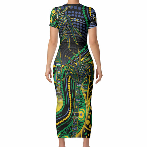 Australian South Sea Islanders National Recognition Day Short Sleeve Bodycon Dress Southern Cross Aboriginal Dot Art Sugarcane