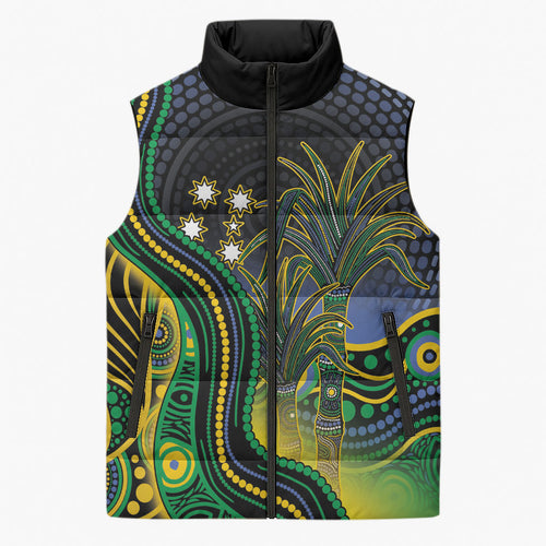 Australian South Sea Islanders National Recognition Day Sleeveless Puffer Jacket Southern Cross Aboriginal Dot Art Sugarcane