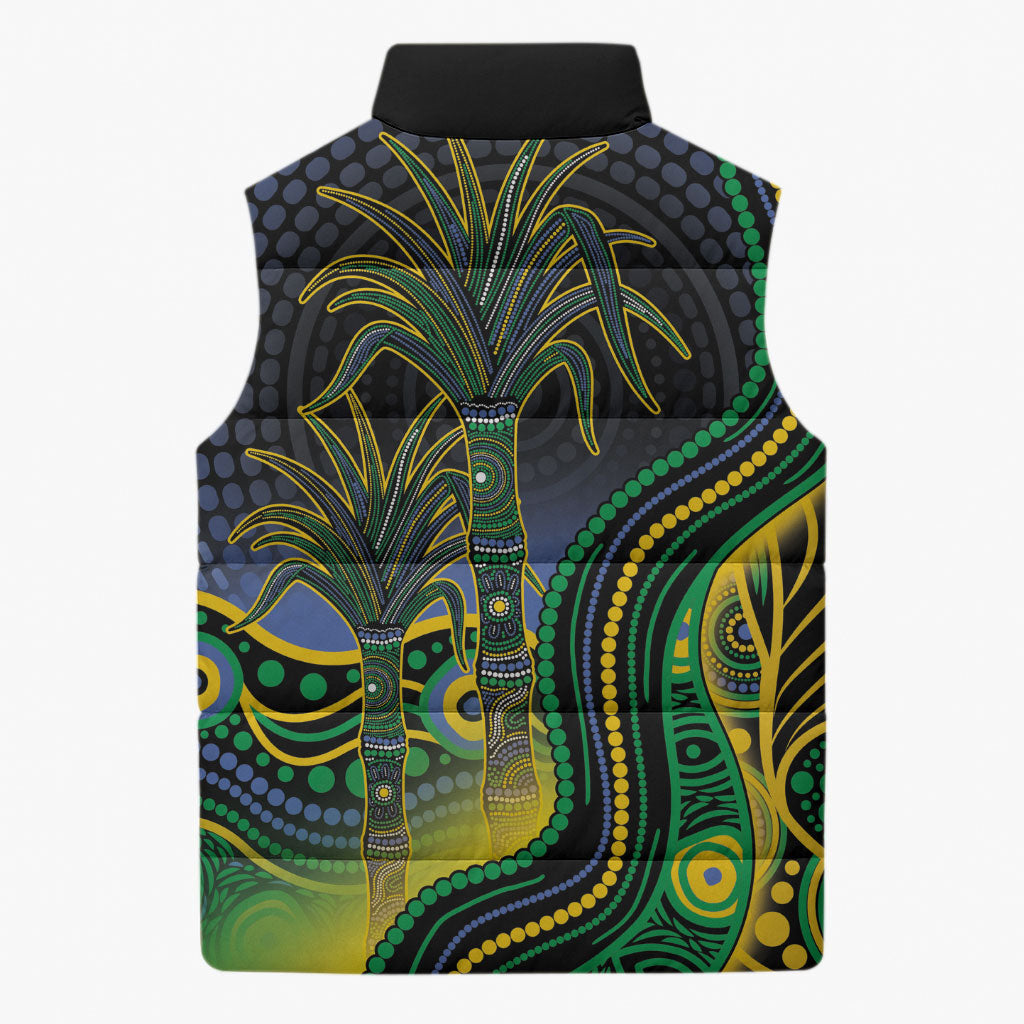 Australian South Sea Islanders National Recognition Day Sleeveless Puffer Jacket Southern Cross Aboriginal Dot Art Sugarcane
