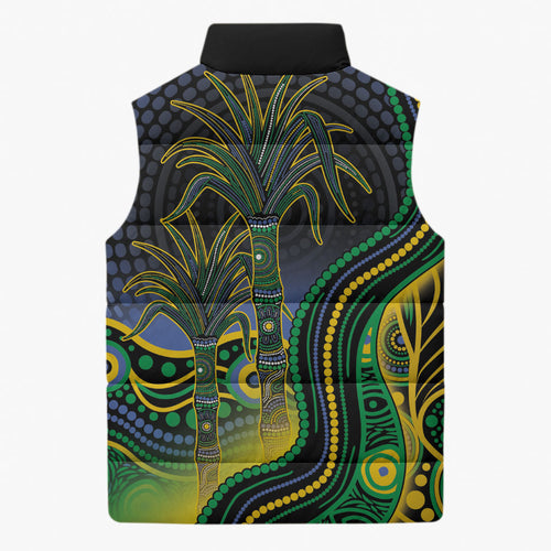Australian South Sea Islanders National Recognition Day Sleeveless Puffer Jacket Southern Cross Aboriginal Dot Art Sugarcane