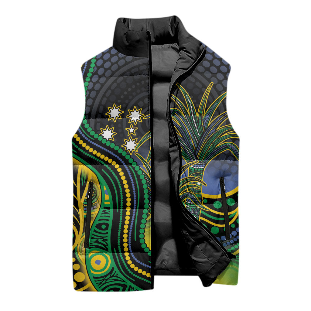 Australian South Sea Islanders National Recognition Day Sleeveless Puffer Jacket Southern Cross Aboriginal Dot Art Sugarcane