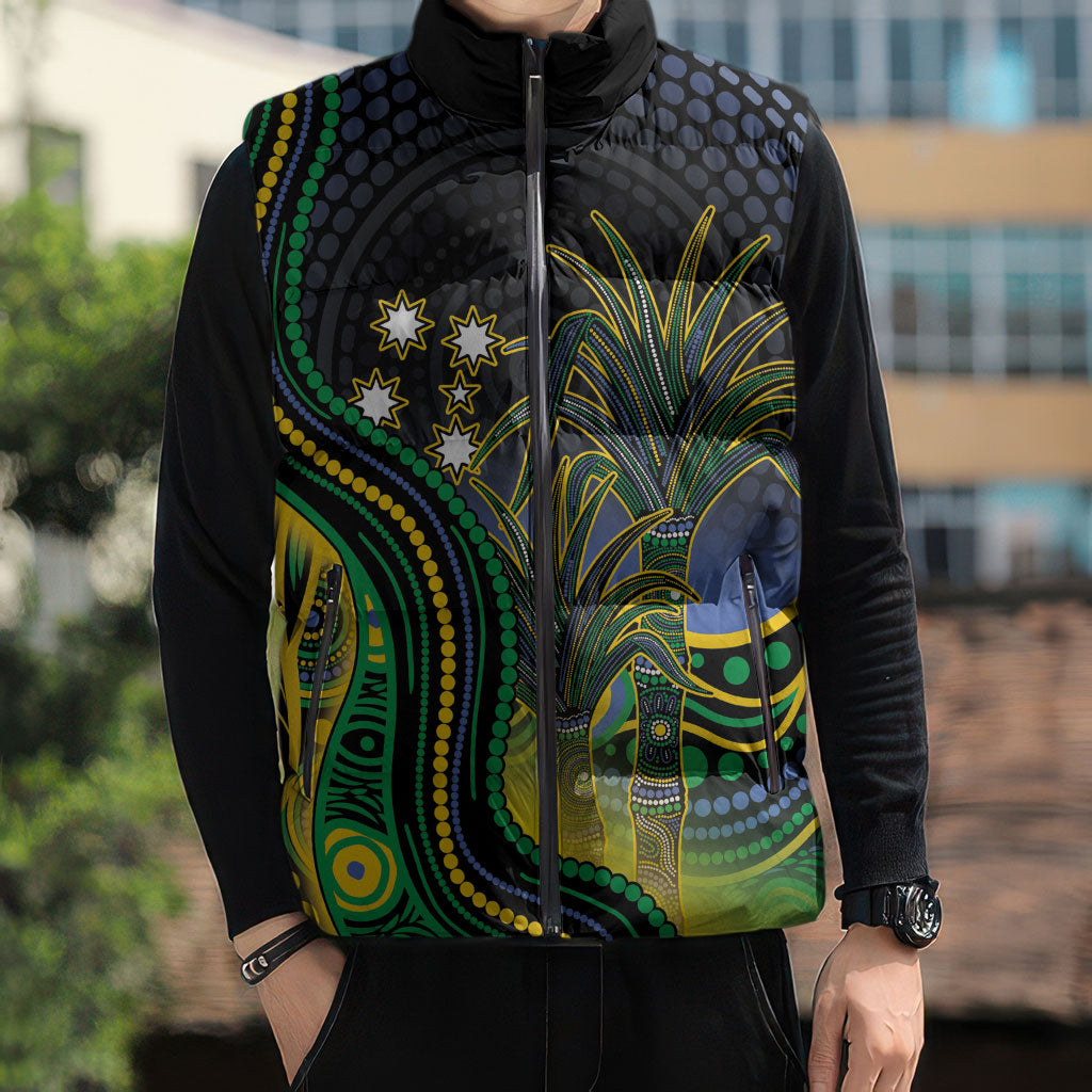 Australian South Sea Islanders National Recognition Day Sleeveless Puffer Jacket Southern Cross Aboriginal Dot Art Sugarcane