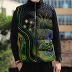 Australian South Sea Islanders National Recognition Day Sleeveless Puffer Jacket Southern Cross Aboriginal Dot Art Sugarcane