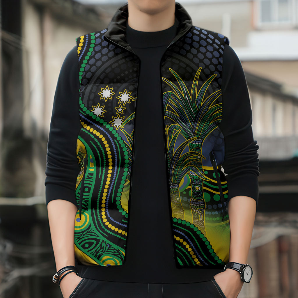 Australian South Sea Islanders National Recognition Day Sleeveless Puffer Jacket Southern Cross Aboriginal Dot Art Sugarcane