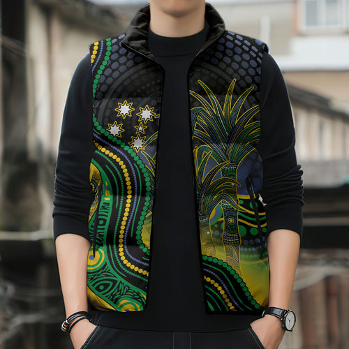 Australian South Sea Islanders National Recognition Day Sleeveless Puffer Jacket Southern Cross Aboriginal Dot Art Sugarcane