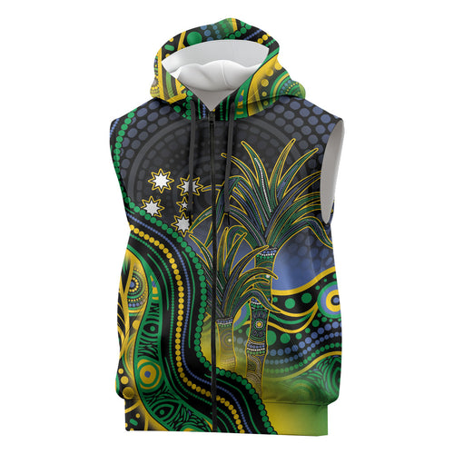 Australian South Sea Islanders National Recognition Day Sleeveless Zip Hoodie Southern Cross Aboriginal Dot Art Sugarcane