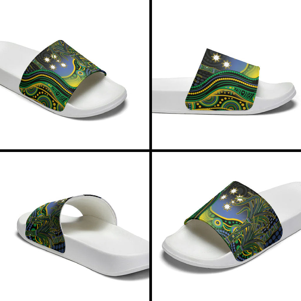 Australian South Sea Islander National Recognition Day Slide Sandals Southern Cross Aboriginal Dot Art Sugarcane