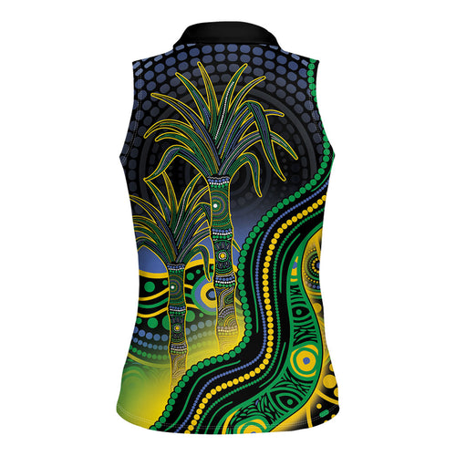 Australian South Sea Islanders National Recognition Day Women Sleeveless Polo Shirt Southern Cross Aboriginal Dot Art Sugarcane