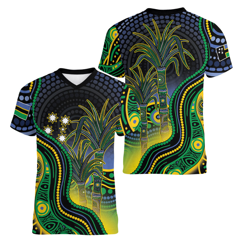 Australian South Sea Islanders National Recognition Day Women V-Neck T-Shirt Southern Cross Aboriginal Dot Art Sugarcane
