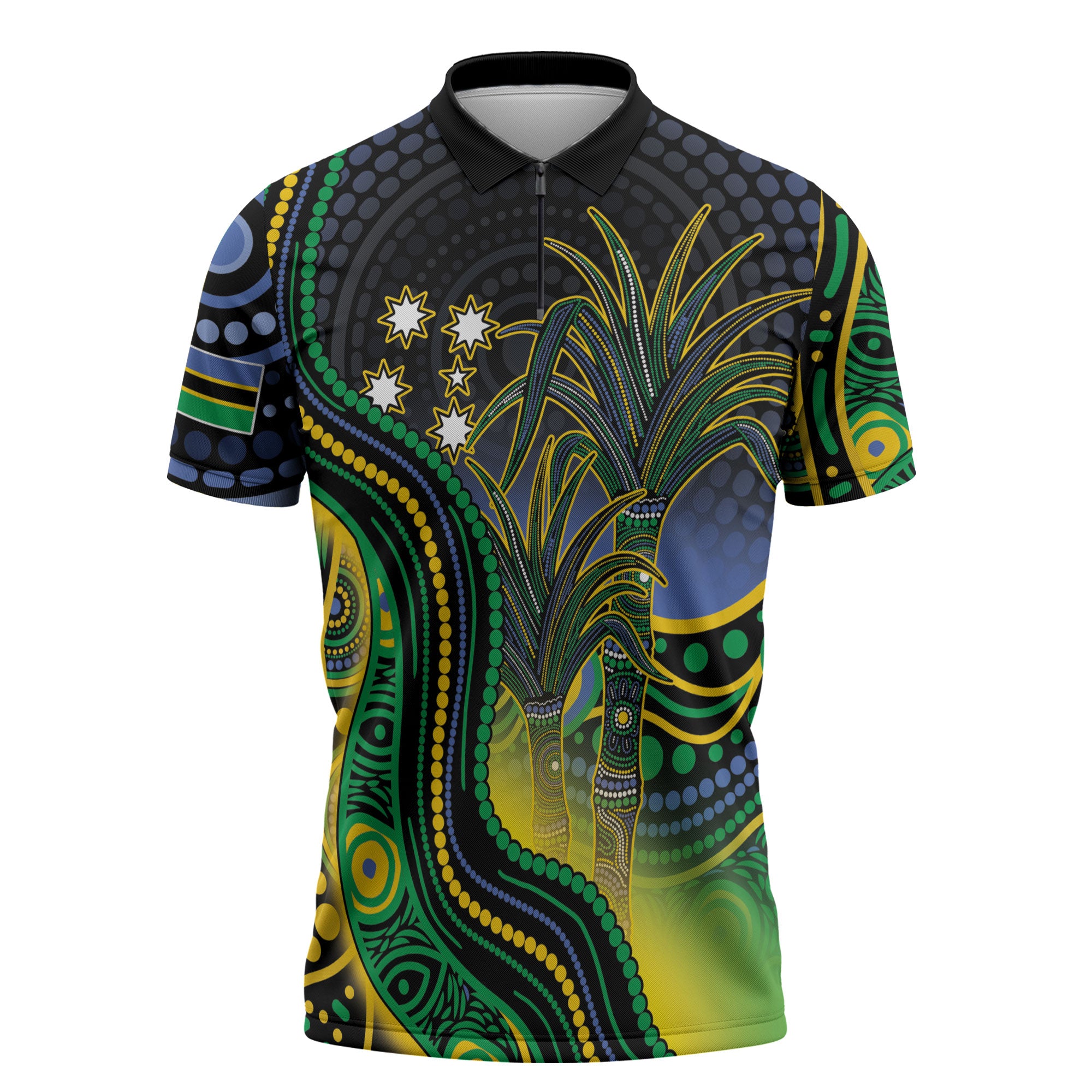 Australian South Sea Islanders National Recognition Day Zipper Polo Shirt Southern Cross Aboriginal Dot Art Sugarcane