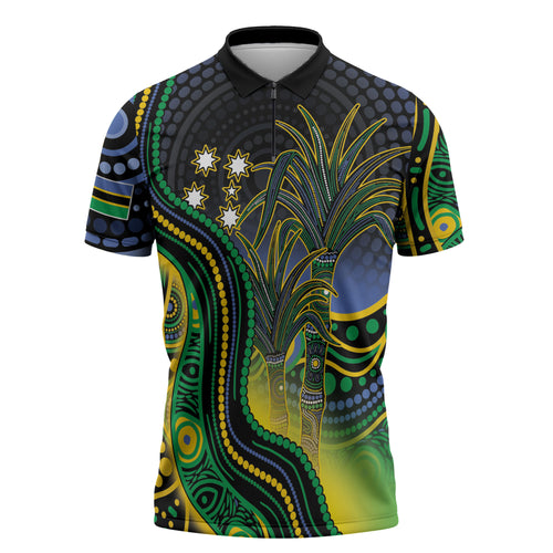 Australian South Sea Islanders National Recognition Day Zipper Polo Shirt Southern Cross Aboriginal Dot Art Sugarcane