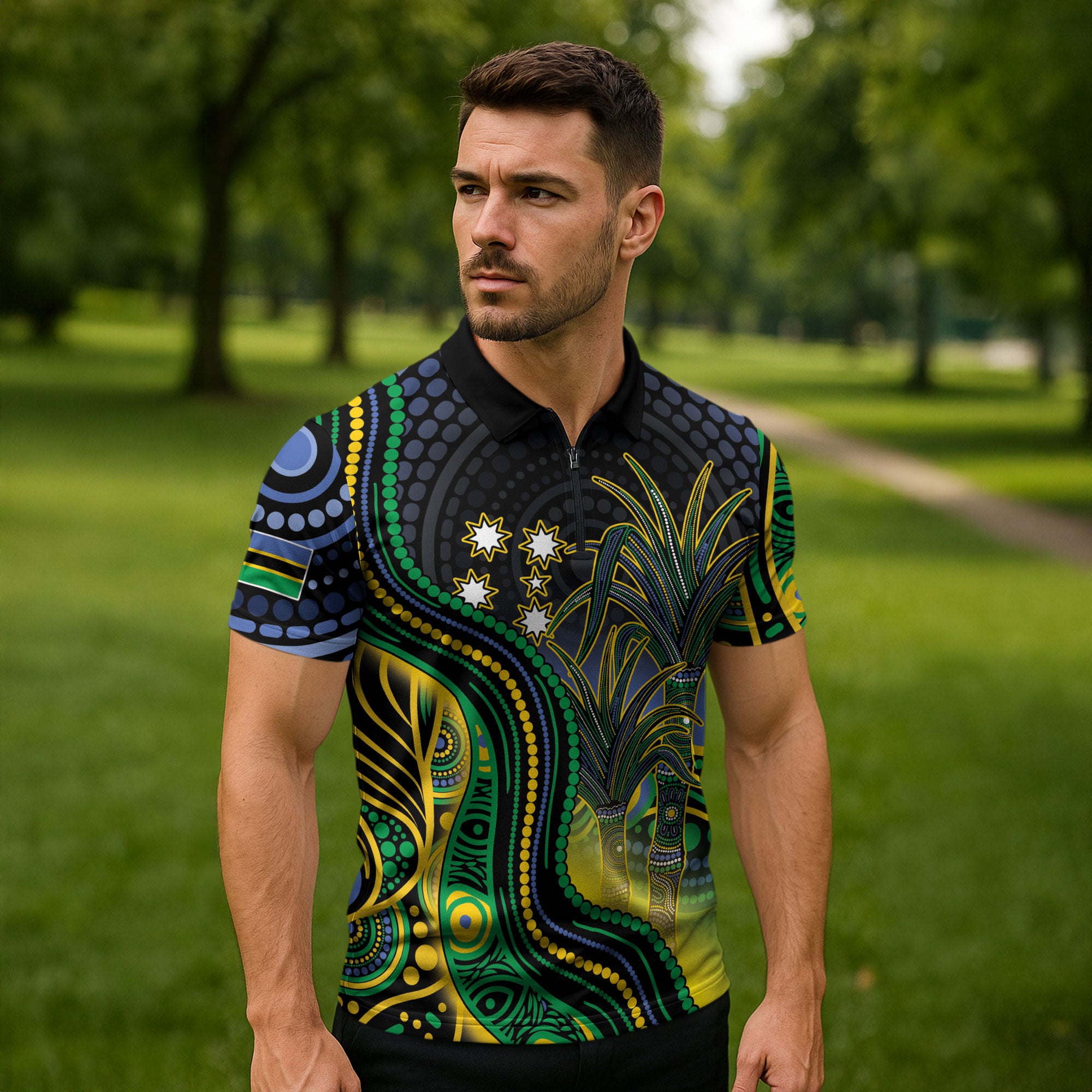 Australian South Sea Islanders National Recognition Day Zipper Polo Shirt Southern Cross Aboriginal Dot Art Sugarcane