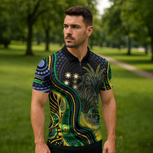 Australian South Sea Islanders National Recognition Day Zipper Polo Shirt Southern Cross Aboriginal Dot Art Sugarcane