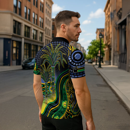 Australian South Sea Islanders National Recognition Day Zipper Polo Shirt Southern Cross Aboriginal Dot Art Sugarcane