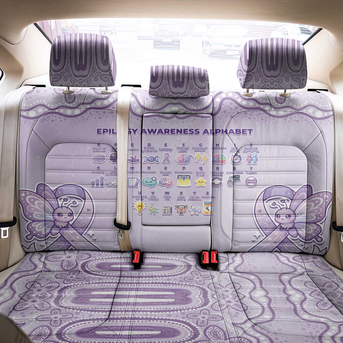 Epilepsy Awareness Alphabet Back Car Seat Cover Purple Ribbon Butterfly Cute Style