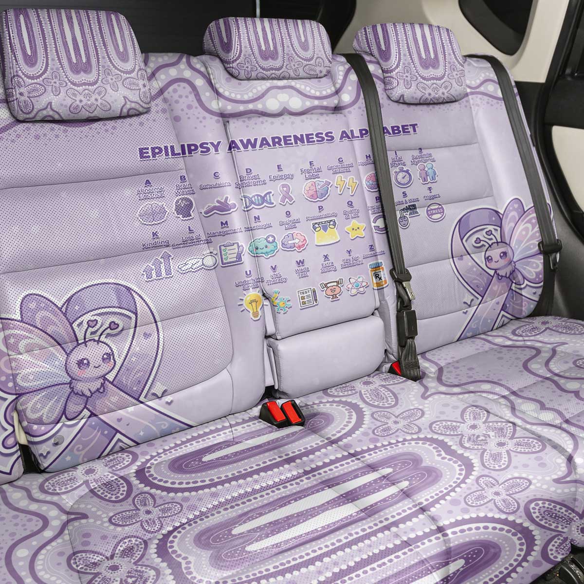 Epilepsy Awareness Alphabet Back Car Seat Cover Purple Ribbon Butterfly Cute Style