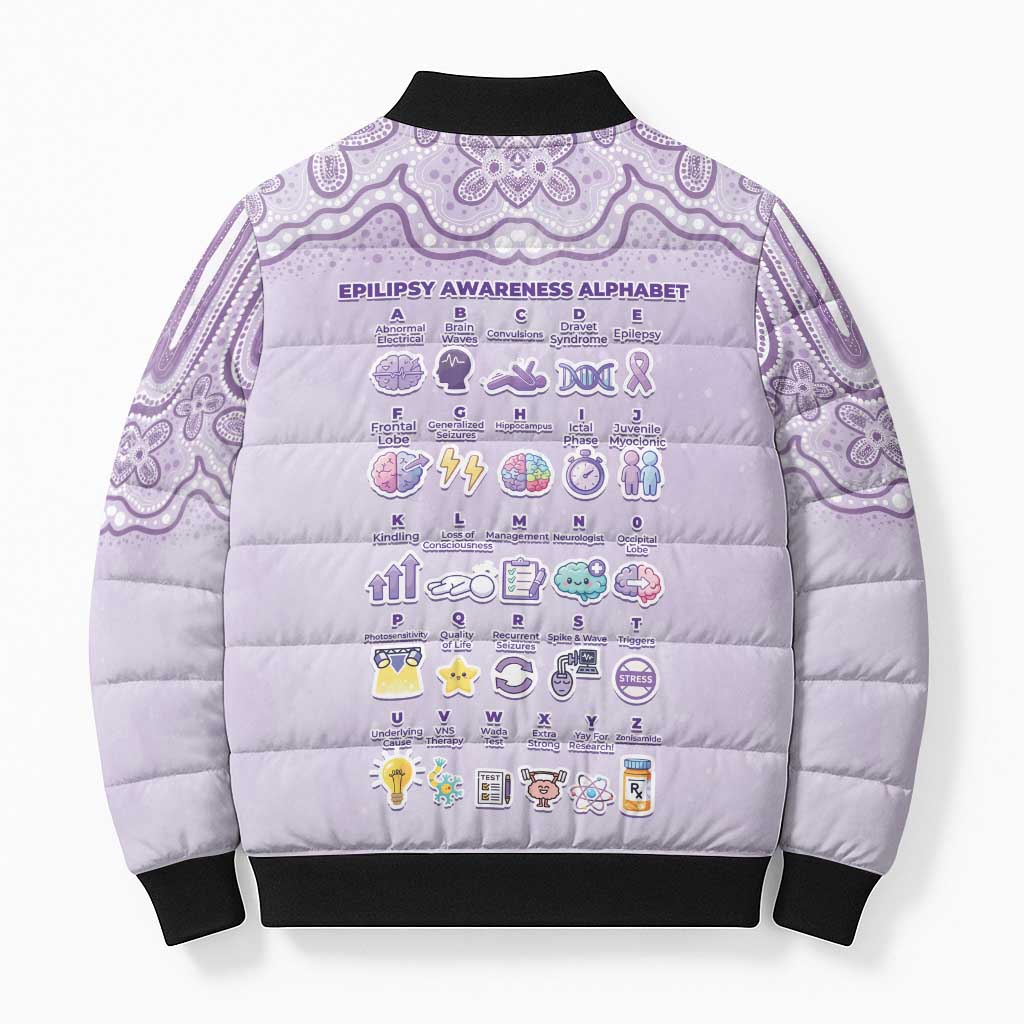 Personalised Epilepsy Awareness Alphabet Bomber Puffer Jacket Purple Ribbon Butterfly Cute Style