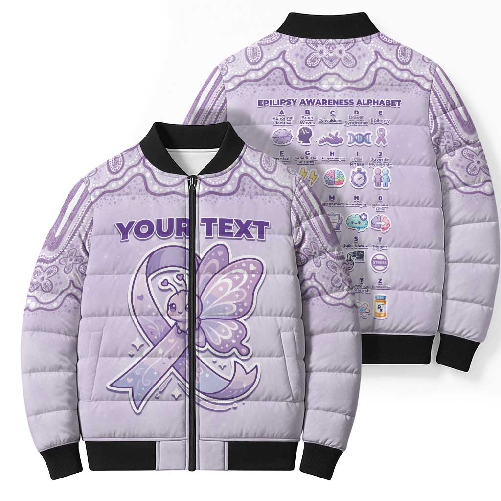 Personalised Epilepsy Awareness Alphabet Bomber Puffer Jacket Purple Ribbon Butterfly Cute Style