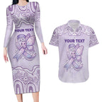Personalised Epilepsy Awareness Alphabet Couples Matching Long Sleeve Bodycon Dress and Hawaiian Shirt Purple Ribbon Butterfly Cute Style