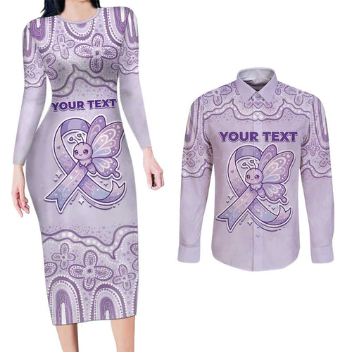 Personalised Epilepsy Awareness Alphabet Couples Matching Long Sleeve Bodycon Dress and Long Sleeve Button Shirt Purple Ribbon Butterfly Cute Style