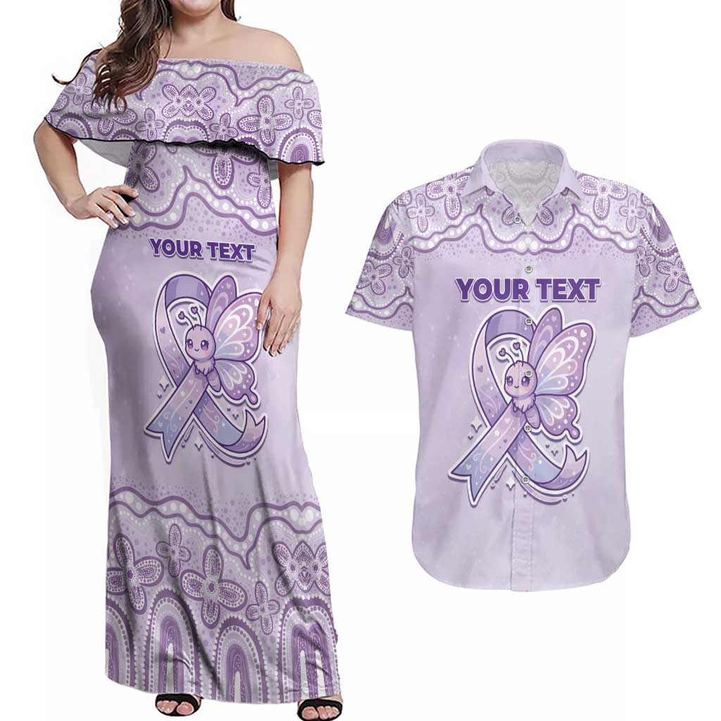 Personalised Epilepsy Awareness Alphabet Couples Matching Off Shoulder Maxi Dress and Hawaiian Shirt Purple Ribbon Butterfly Cute Style