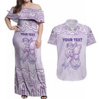 Personalised Epilepsy Awareness Alphabet Couples Matching Off Shoulder Maxi Dress and Hawaiian Shirt Purple Ribbon Butterfly Cute Style