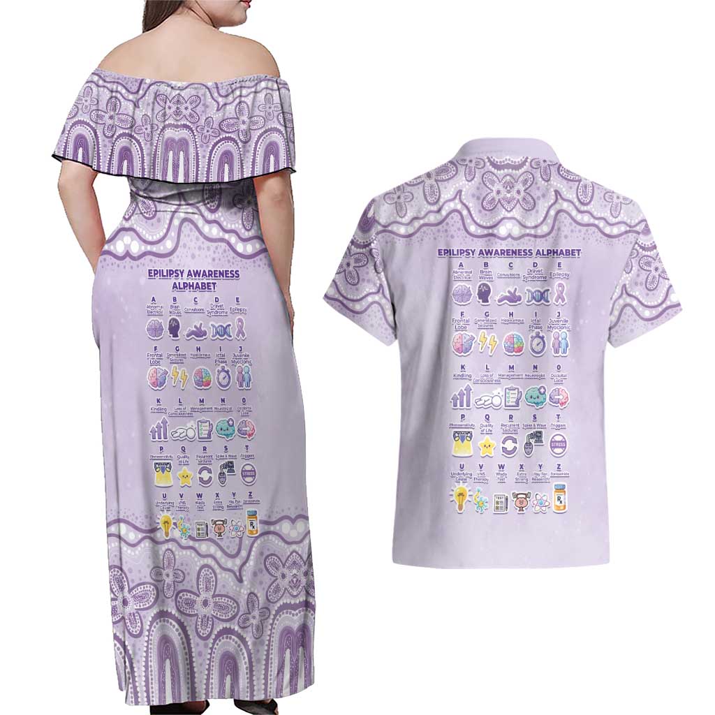 Personalised Epilepsy Awareness Alphabet Couples Matching Off Shoulder Maxi Dress and Hawaiian Shirt Purple Ribbon Butterfly Cute Style