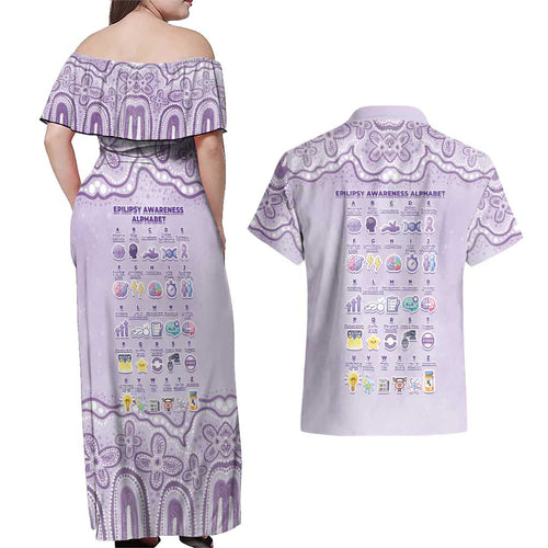 Personalised Epilepsy Awareness Alphabet Couples Matching Off Shoulder Maxi Dress and Hawaiian Shirt Purple Ribbon Butterfly Cute Style