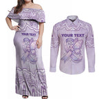 Personalised Epilepsy Awareness Alphabet Couples Matching Off Shoulder Maxi Dress and Long Sleeve Button Shirt Purple Ribbon Butterfly Cute Style