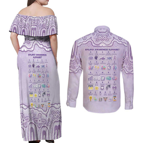 Personalised Epilepsy Awareness Alphabet Couples Matching Off Shoulder Maxi Dress and Long Sleeve Button Shirt Purple Ribbon Butterfly Cute Style