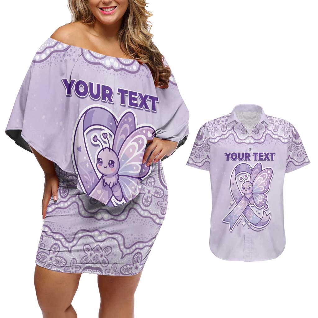 Personalised Epilepsy Awareness Alphabet Couples Matching Off Shoulder Short Dress and Hawaiian Shirt Purple Ribbon Butterfly Cute Style