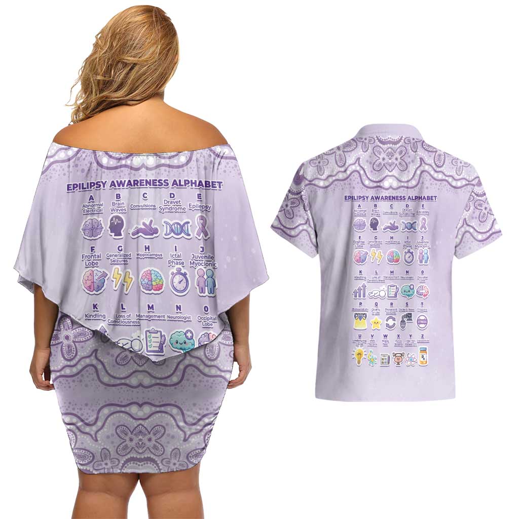 Personalised Epilepsy Awareness Alphabet Couples Matching Off Shoulder Short Dress and Hawaiian Shirt Purple Ribbon Butterfly Cute Style
