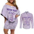 Personalised Epilepsy Awareness Alphabet Couples Matching Off Shoulder Short Dress and Long Sleeve Button Shirt Purple Ribbon Butterfly Cute Style