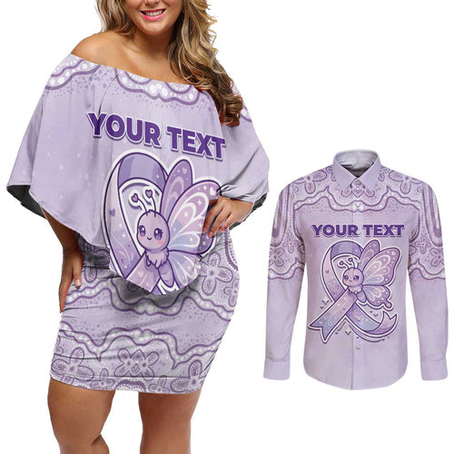 Personalised Epilepsy Awareness Alphabet Couples Matching Off Shoulder Short Dress and Long Sleeve Button Shirt Purple Ribbon Butterfly Cute Style