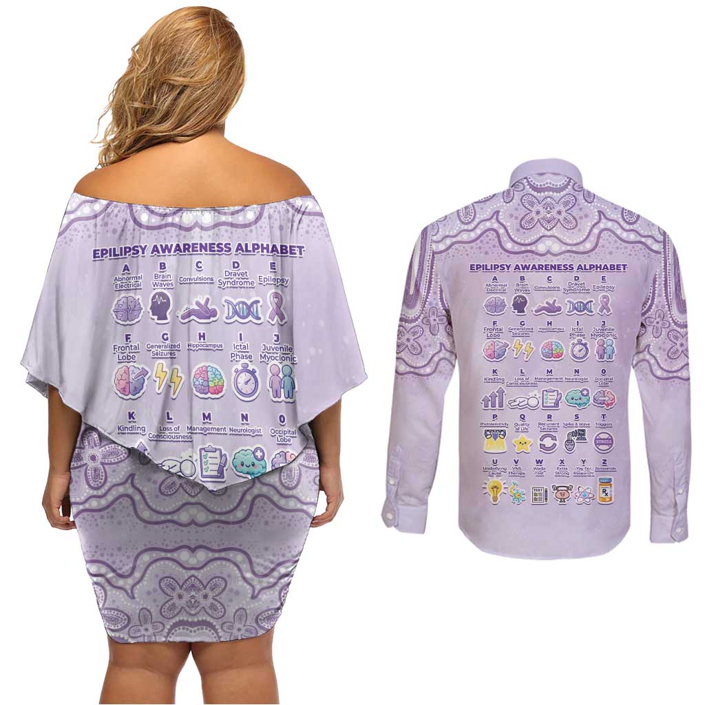 Personalised Epilepsy Awareness Alphabet Couples Matching Off Shoulder Short Dress and Long Sleeve Button Shirt Purple Ribbon Butterfly Cute Style
