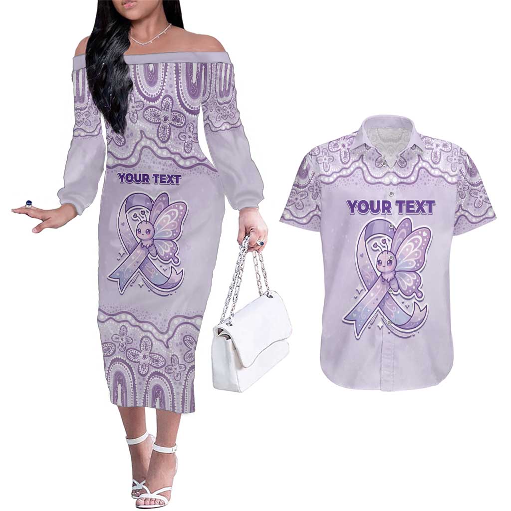 Personalised Epilepsy Awareness Alphabet Couples Matching Off The Shoulder Long Sleeve Dress and Hawaiian Shirt Purple Ribbon Butterfly Cute Style