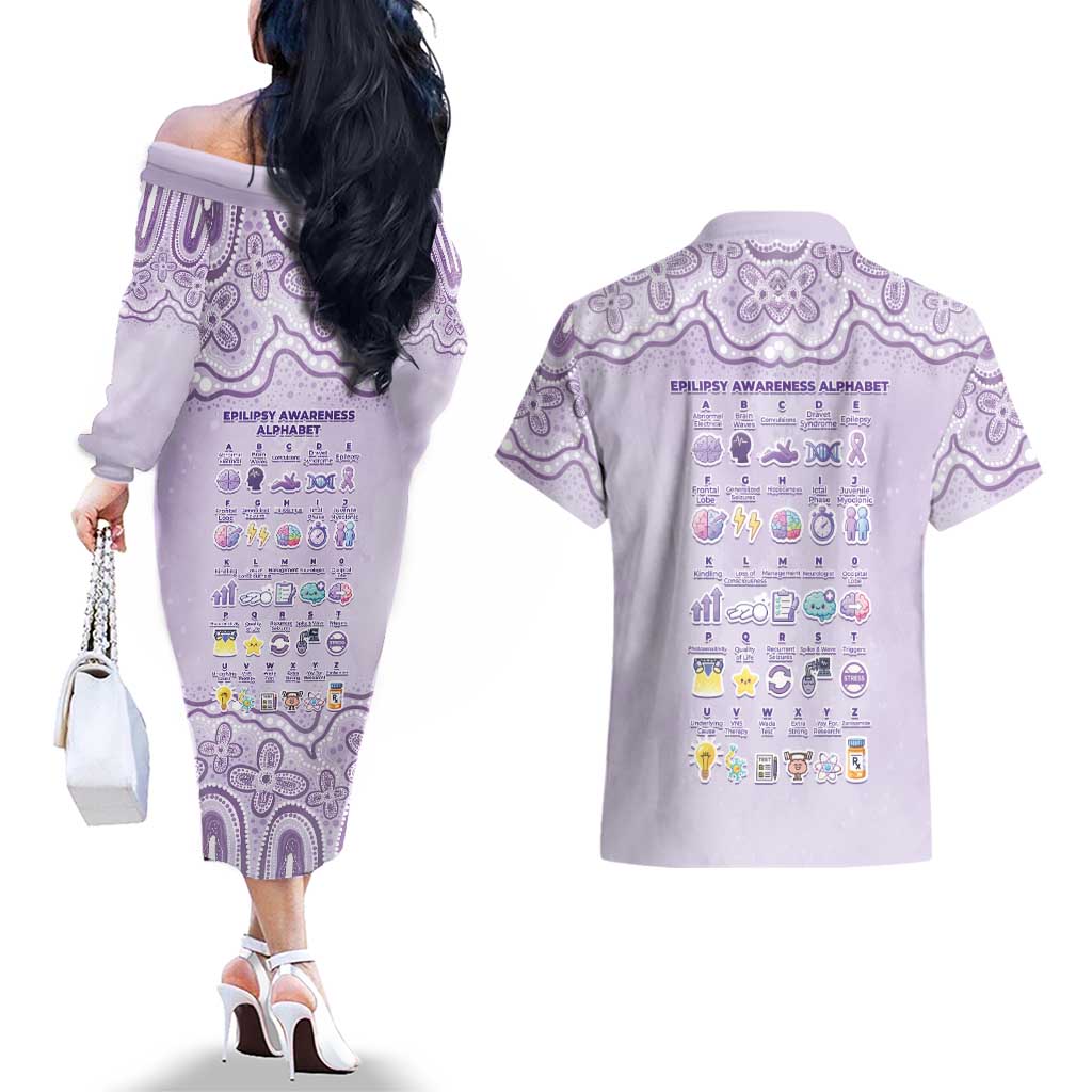 Personalised Epilepsy Awareness Alphabet Couples Matching Off The Shoulder Long Sleeve Dress and Hawaiian Shirt Purple Ribbon Butterfly Cute Style