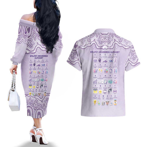 Personalised Epilepsy Awareness Alphabet Couples Matching Off The Shoulder Long Sleeve Dress and Hawaiian Shirt Purple Ribbon Butterfly Cute Style