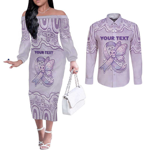 Personalised Epilepsy Awareness Alphabet Couples Matching Off The Shoulder Long Sleeve Dress and Long Sleeve Button Shirt Purple Ribbon Butterfly Cute Style