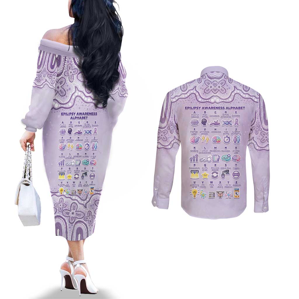 Personalised Epilepsy Awareness Alphabet Couples Matching Off The Shoulder Long Sleeve Dress and Long Sleeve Button Shirt Purple Ribbon Butterfly Cute Style