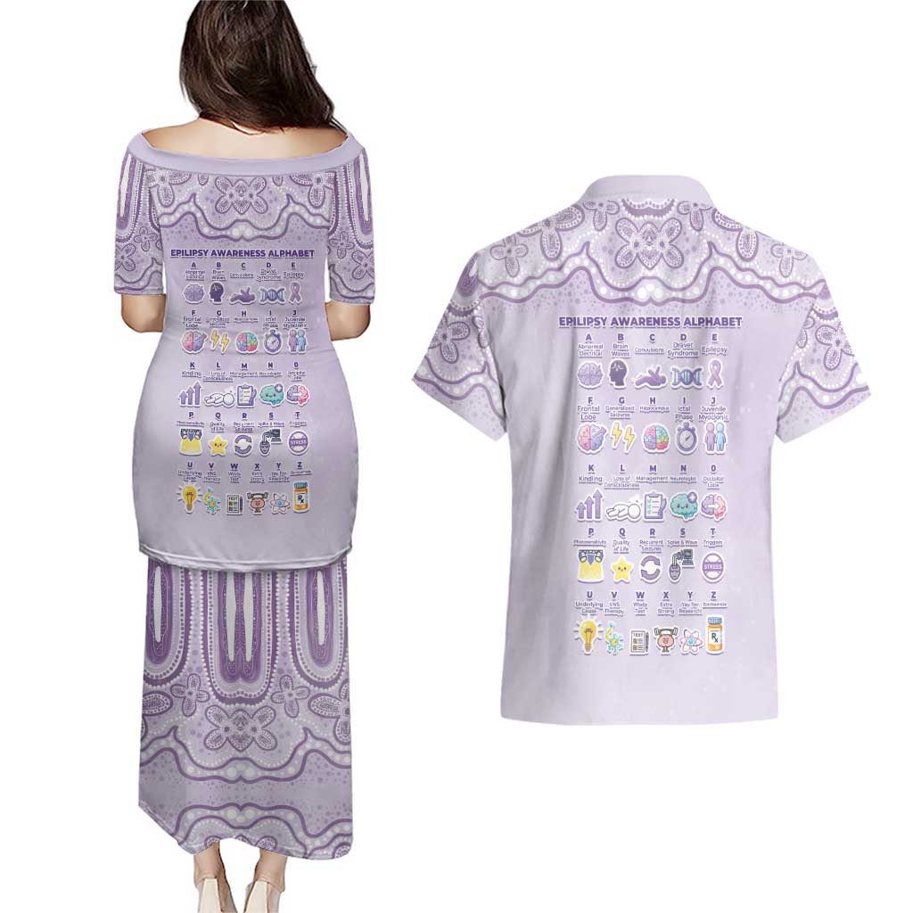 Personalised Epilepsy Awareness Alphabet Couples Matching Puletasi and Hawaiian Shirt Purple Ribbon Butterfly Cute Style